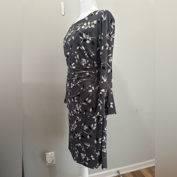 Lauren Ralph Lauren Ruched Dress Sz 12 long bell sleeve Side Ruched Career gray - Picture 3 of 8
